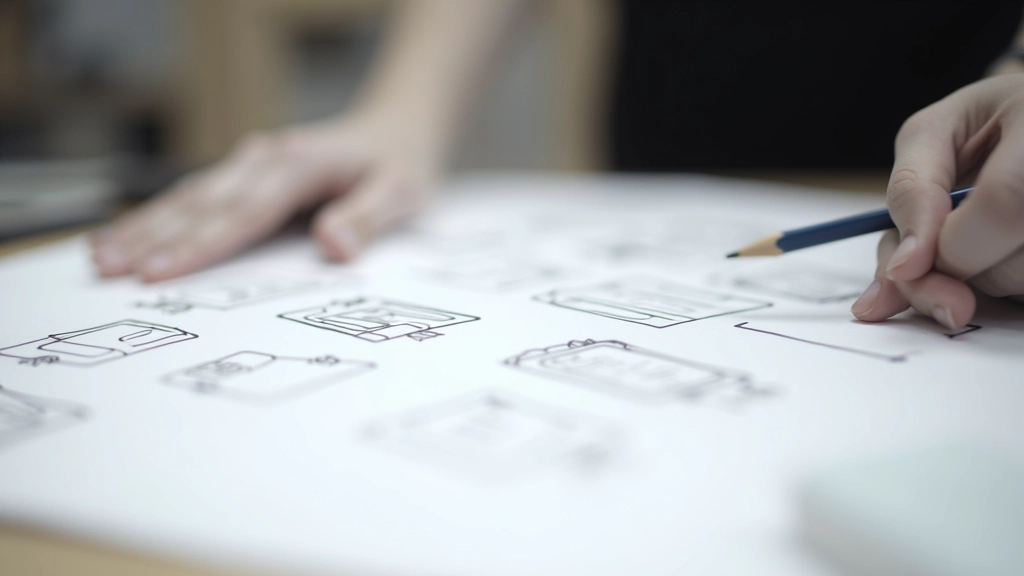 Close-up of hand-drawn wireframe sketches on white paper with pencil and eraser