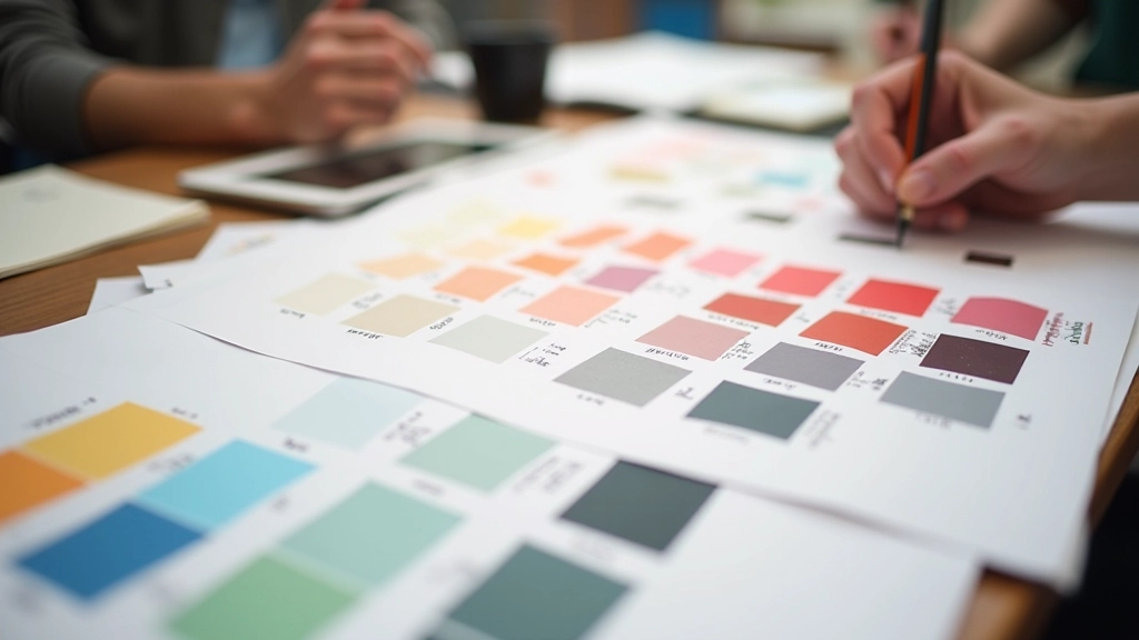 Color palette swatches and typography samples arranged on designer workspace