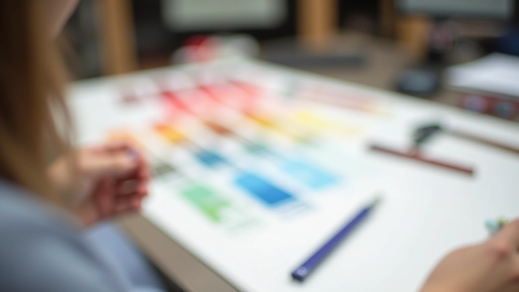 Color swatches and typography samples on a designer's workspace