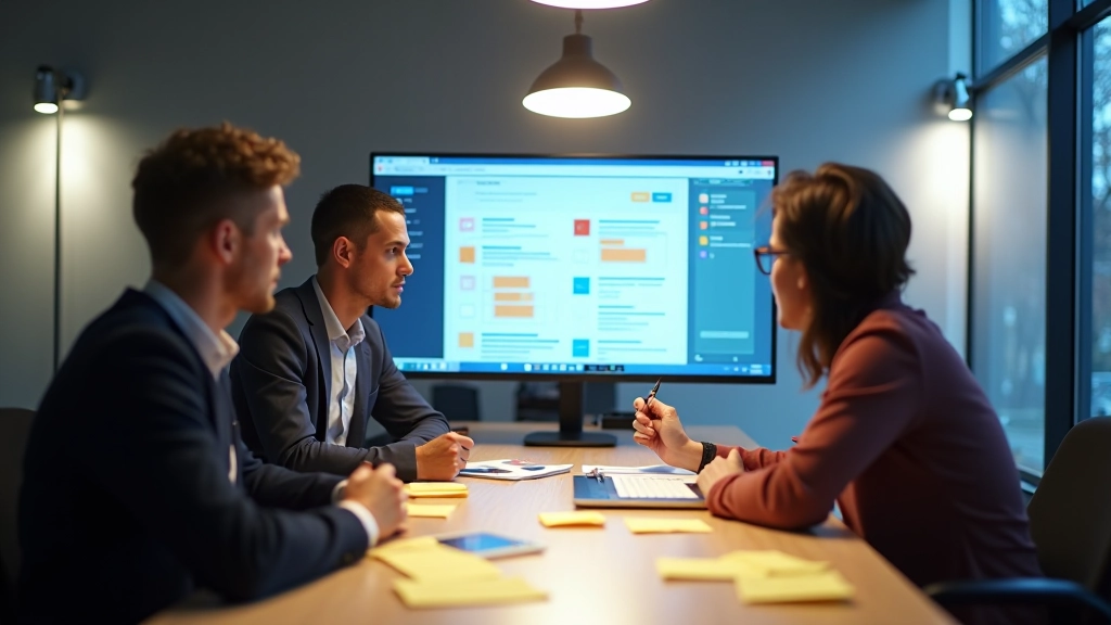 Team collaboration session with designers reviewing prototypes on large shared monitor with feedback notes visible