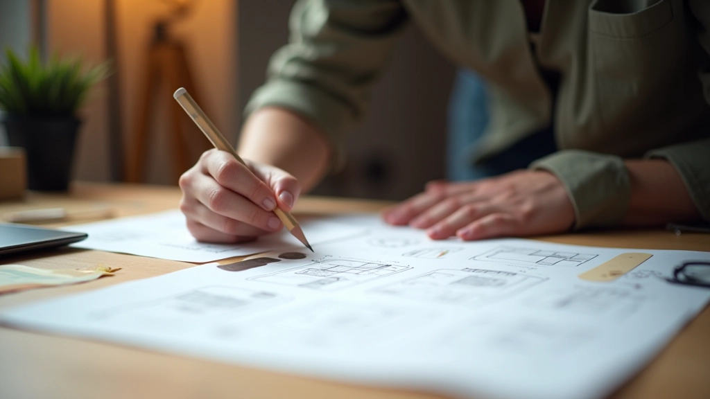Designer sketching wireframe layouts on paper with pencil and ruler on wooden desk, rapid ideation process in action