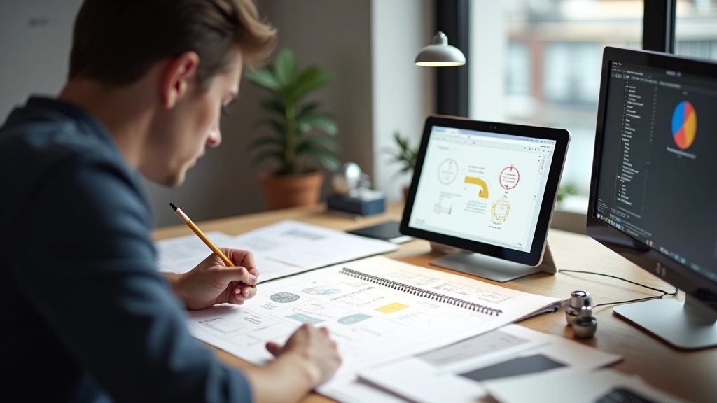 Designer sketching wireframe layouts on paper at a modern workspace desk with digital tools