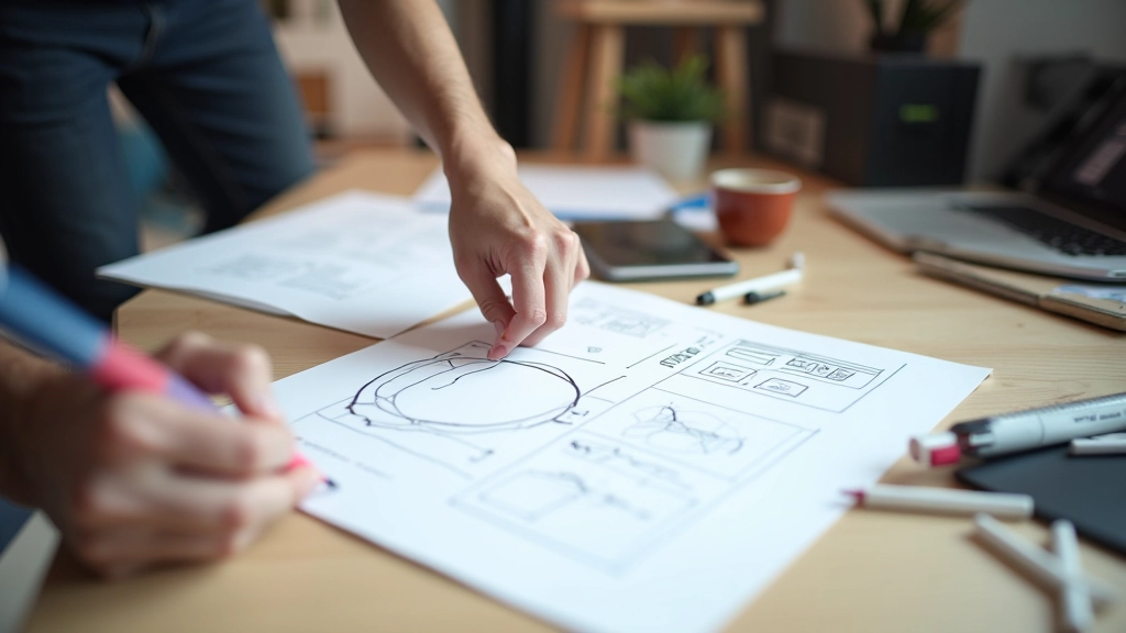Designer sketching wireframes on paper with ruler and markers on desk