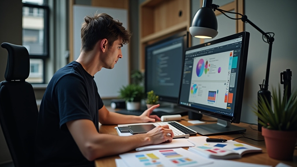 Designer actively working on UI/UX project with digital tools and sketches