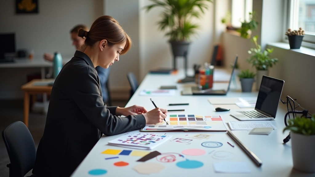 Designer working with color swatches and typography samples on modern workspace with natural lighting