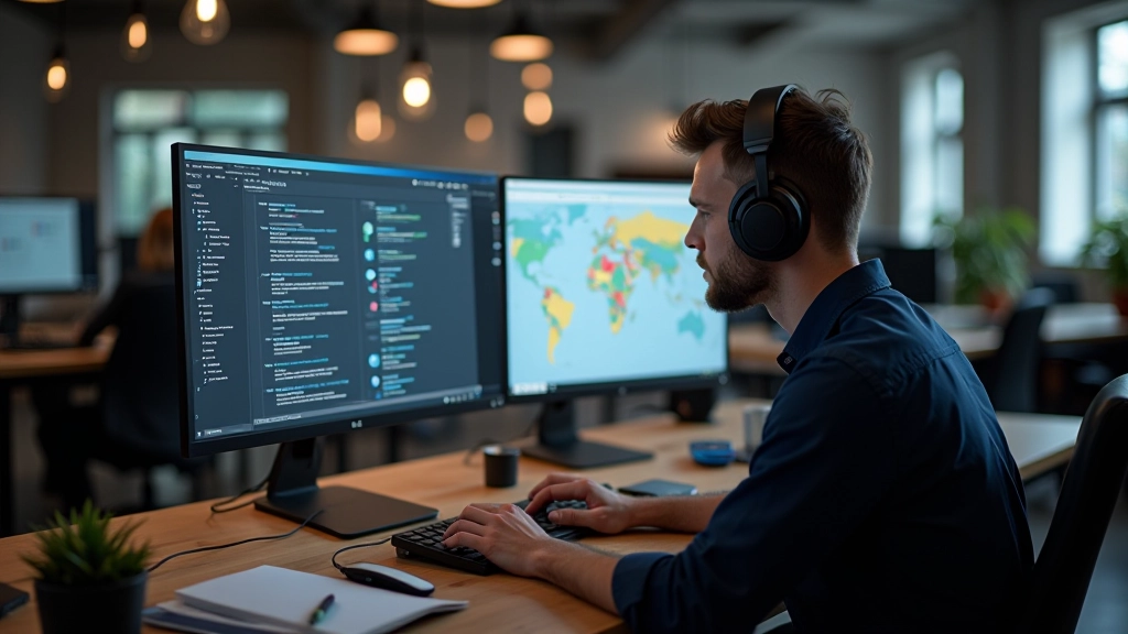 Designer working with interactive prototypes on dual monitors in modern studio workspace