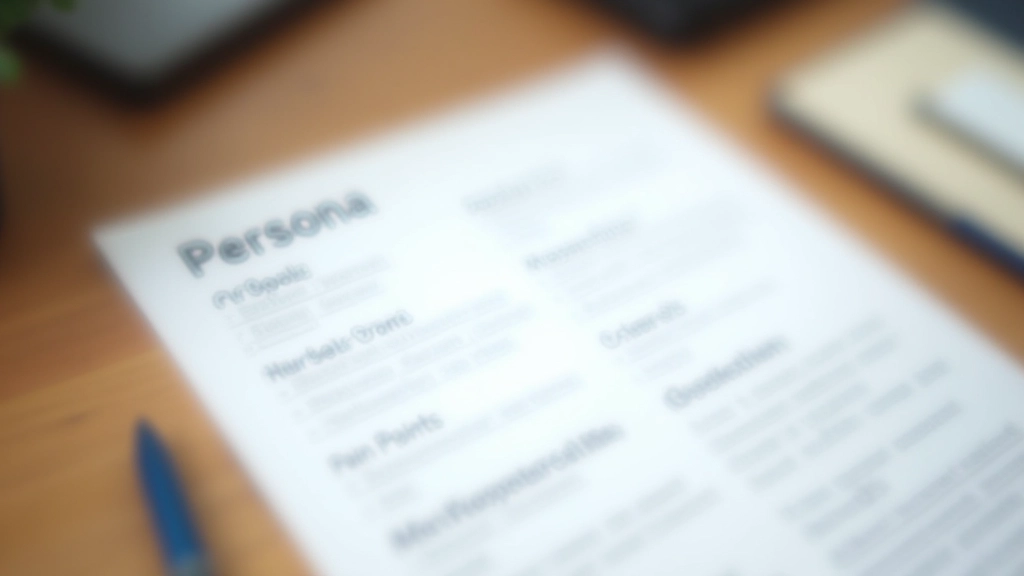 Design persona template showing user profile with goals, pain points, and behavioral characteristics on a desk