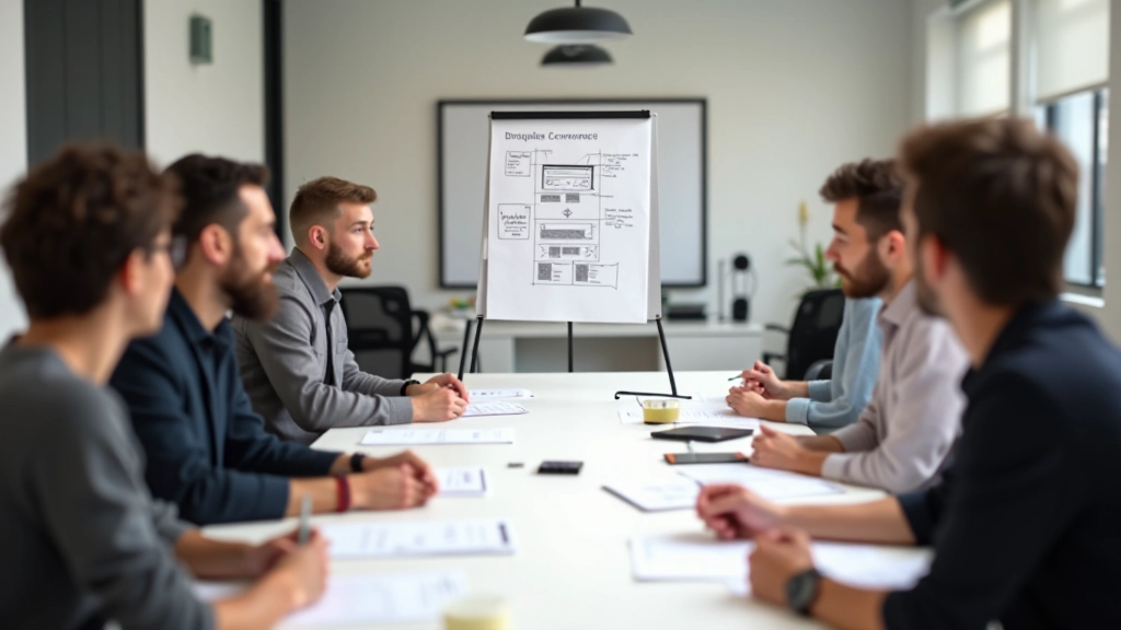 Designer presenting wireframes to a small team in a collaborative meeting room setting