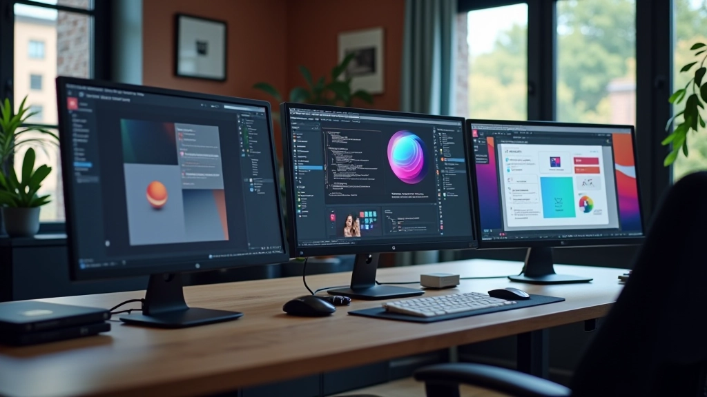 Comparison view of three different prototyping tools side by side on monitor screens in design studio