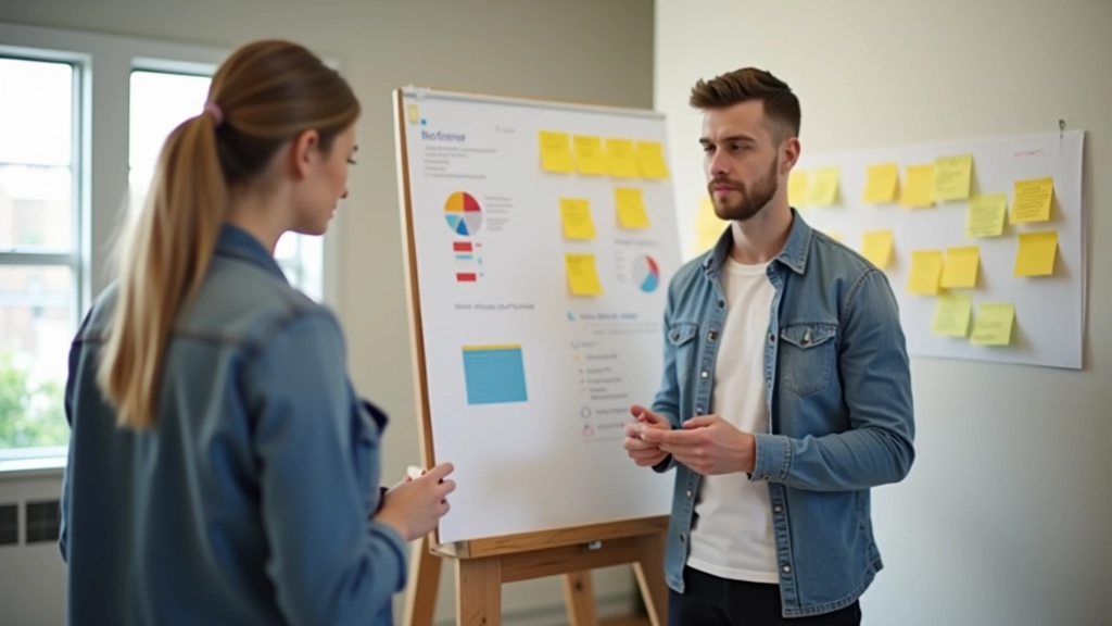 Two designers reviewing notes and sticky notes on a wall during user research synthesis workshop