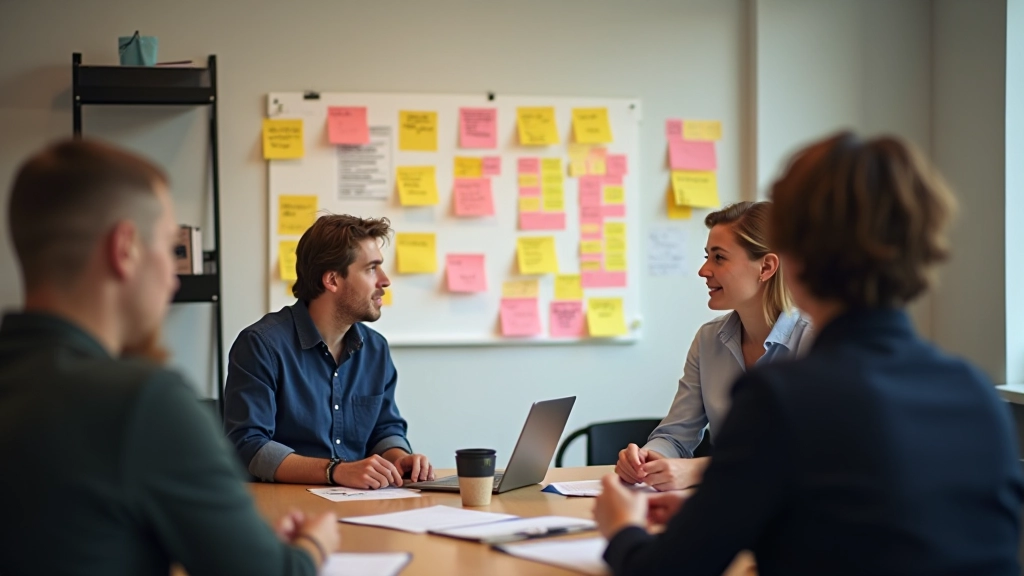 User-centered design workshop with sticky notes and research findings on wall