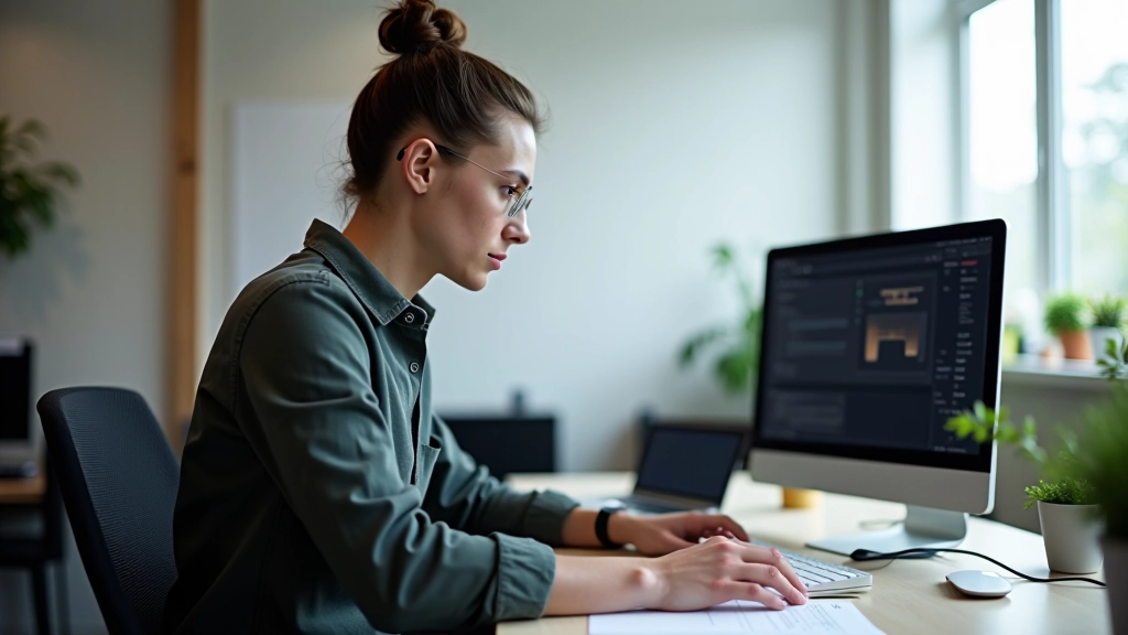 Modern web design workspace with designer working on UI mockups at computer in bright studio setting, professional environment