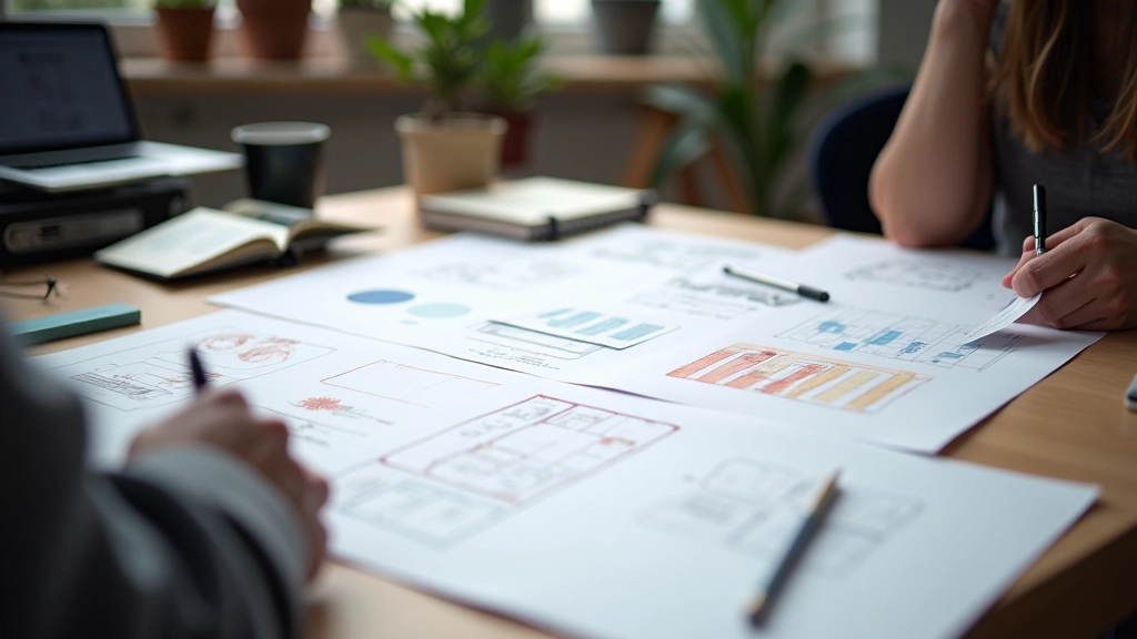 Wireframing sketches and tools on a designer's desk